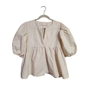 RUDY JUDE Day Blouse Organic Cotton Twill Puff Sleeve Peasant Top in Oat M